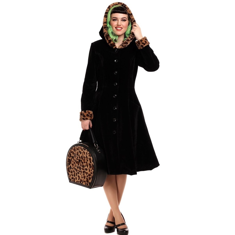 New Hazel Black/Leopard Velvet Swing Coat by Collectif XXS